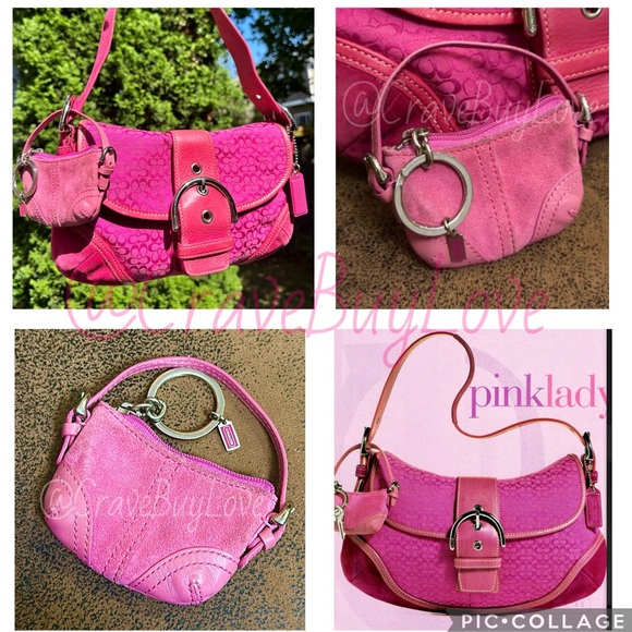 2004 SOHO MINI BAG CHARM CHAIN RARE SUEDE LEATHER Y2K BUCKLES PINK HANGTAG EVC 💞 - Picture 3 of 17